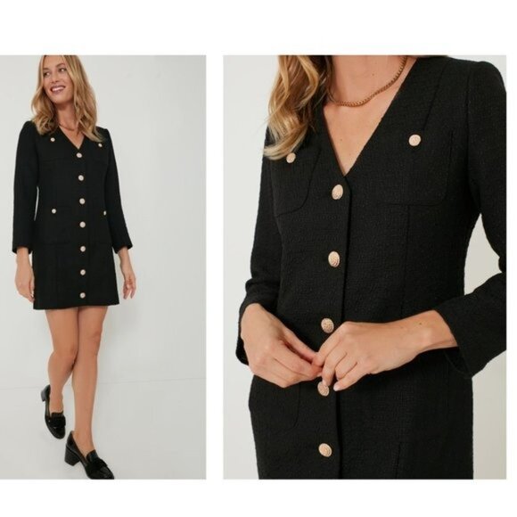 Pomander Place | NEW Black Tweed Keira Long Sleeve Mini Dress Size M - Picture 2 of 12